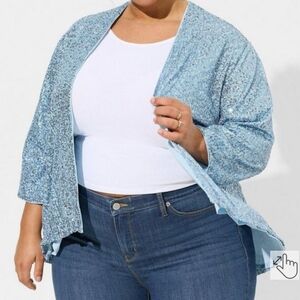 NWT 22W-24W Light Blue Sequin 3/4 sleeve Kimono waterfall cardigan jacket